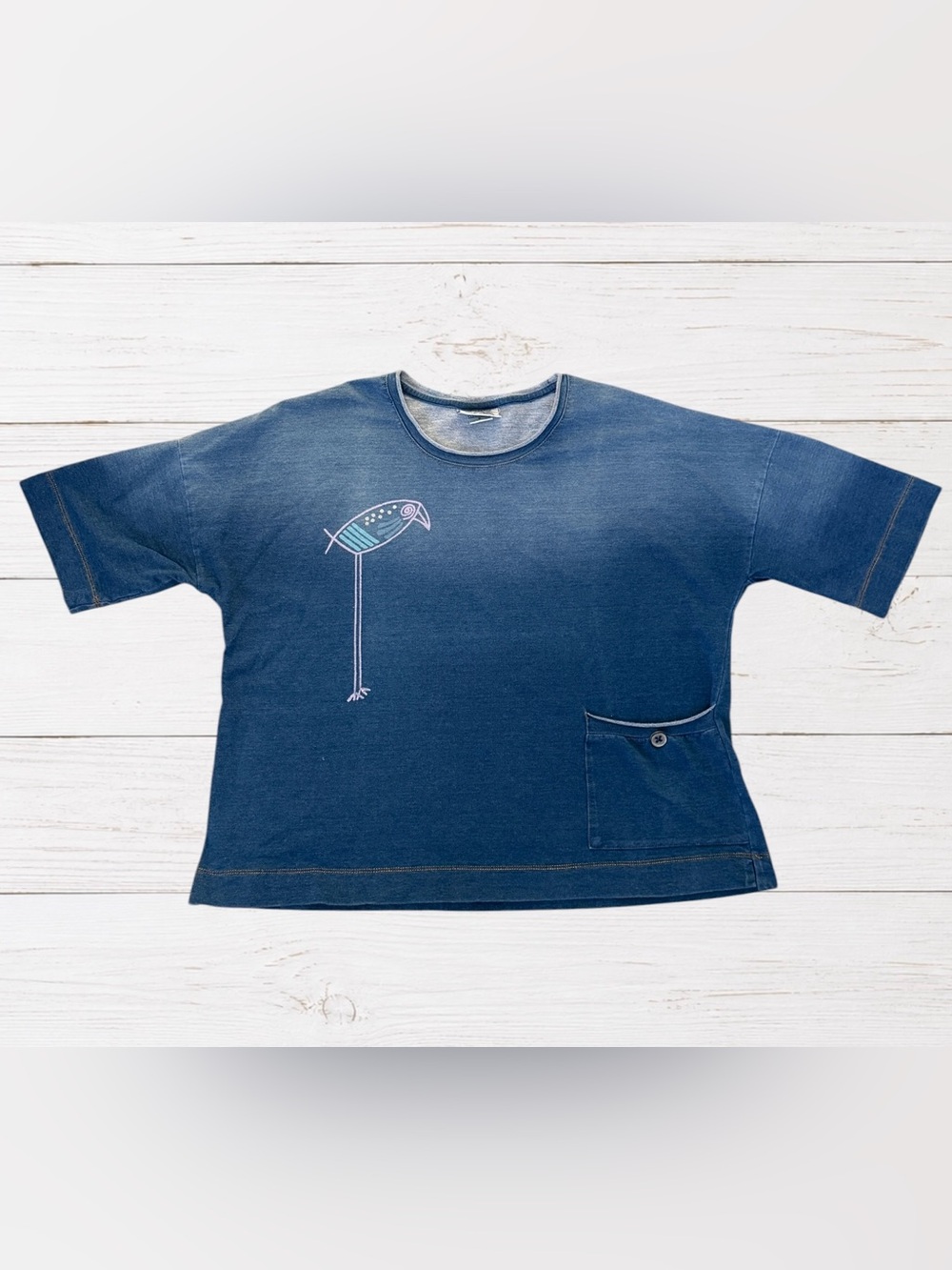 Wild‎ Palms Indigo Blue Bird Graphic Boxy Pocket Top Size Small